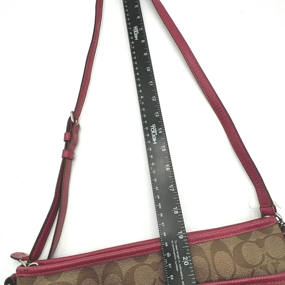 COACH Authentic Signature Shoulder Cross Body Bag Vegan Leather Brown Pink Purse